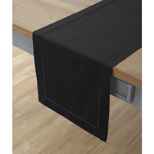Solino Home Black Cotton Linen Table Runner 14x144 in - Hemstitch, Handcrafted