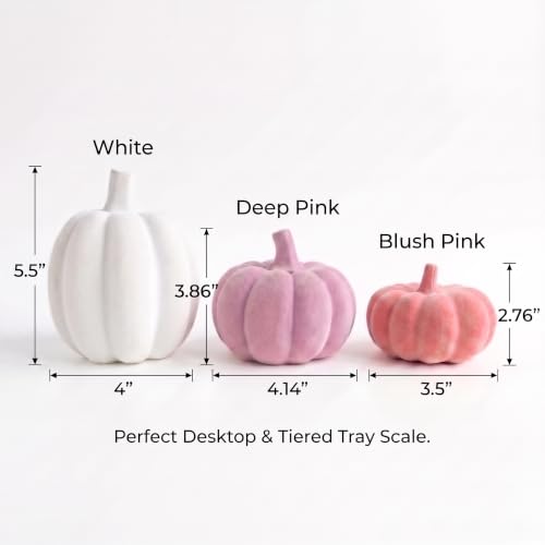 Pink and White Velvet Pumpkin Decor Set - 3 Pcs, Fall Home Accent with Resin Variations