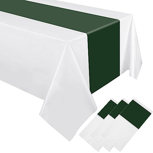 Disposable Plastic Tablecloths 54x108 Inches - White and Dark Green, Pack of 3