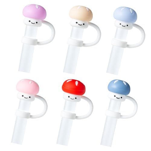 6Pcs Mushroom Silicone Straw Cover Caps - Reusable Pink Drinking Straw Toppers for Kids & Parties