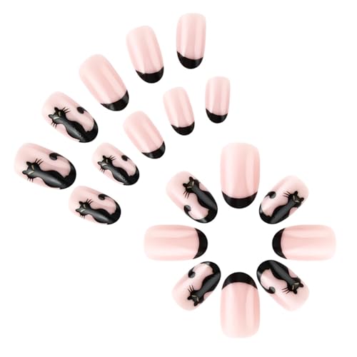 Halloween Style2 Short Oval Press-On Nails with Cute Cat Designs - Reusable Glue-On False Nails for Women, Manicure Decoration, 24 Pcs