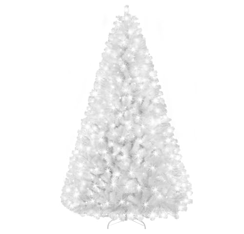 White 6ft Prelit Christmas Tree with 300 LED Lights & PVC Branches - Halloween & Xmas Decor - Metal Stand & Hinged Branches (Variation: White / 6ft)