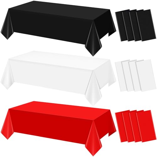Disposable Waterproof Tablecloths Set - Red White Black, 54x108 Inch, 12 Pack