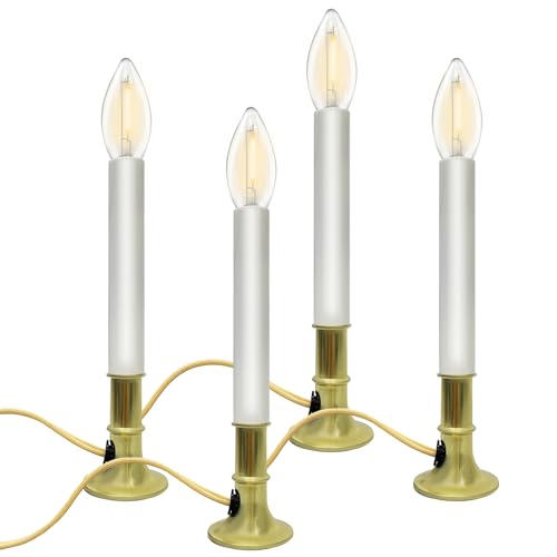 Electric Window Candles with Sensor Dusk to Dawn - Gold-Yellow Wire - 4 Pack 9 Inch LED Christmas Lights for Holiday Decor