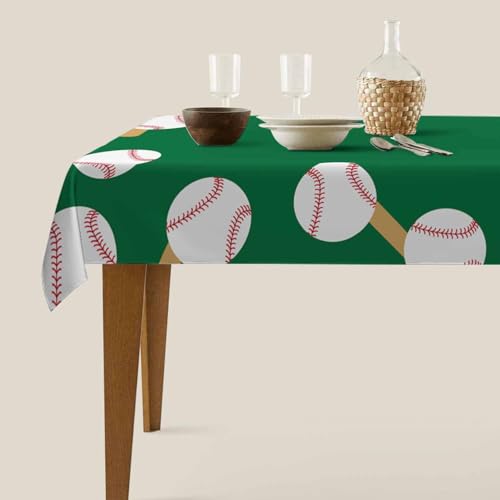 Baseball Balls and Bats Tablecloth 60x84 Inch Rectangular Party Decor - White Red Brown