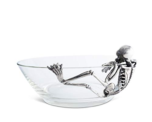 Halloween Skeleton Candy Dish Bowl - Handblown Glass & Pewter Decor - 10 Inch