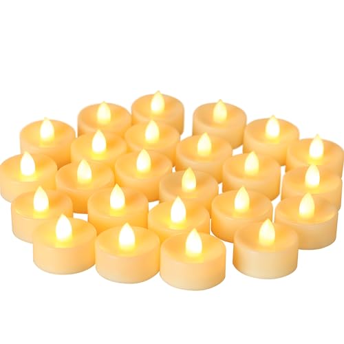 Battery Operated Flameless LED Tea Lights 24 Pack - Warm Amber, Flickering Candles for Decor