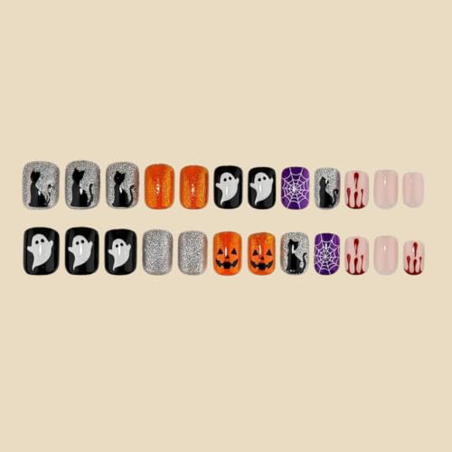 Halloween Fake Nail Set 24 Pieces Short Orange Square Press-On Nails Blood Goth - Variation of THIS listing