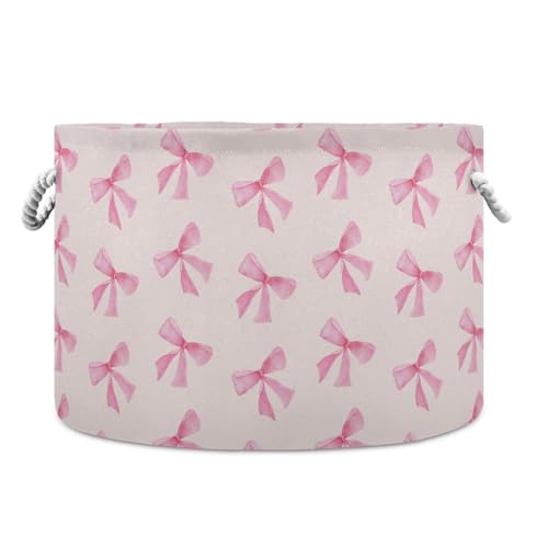 Pink Bow Round Storage Basket A61 - Laundry, Nursery & Living Room Organizer