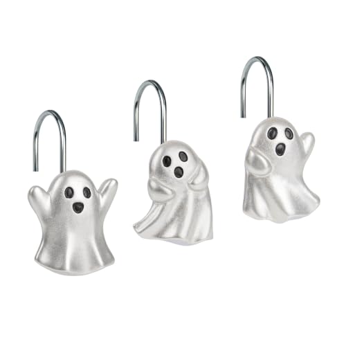 Ghost Shower Curtain Hooks Set - Silver Halloween Bathroom Decor, 12 Pieces