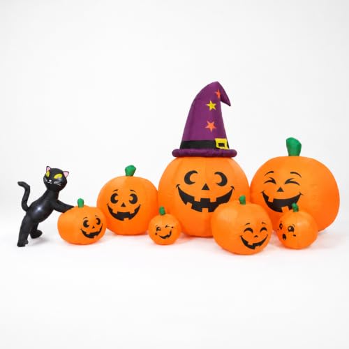 7FT Inflatable Halloween Pumpkin Family Decoration with Witch Hat and Black Cat