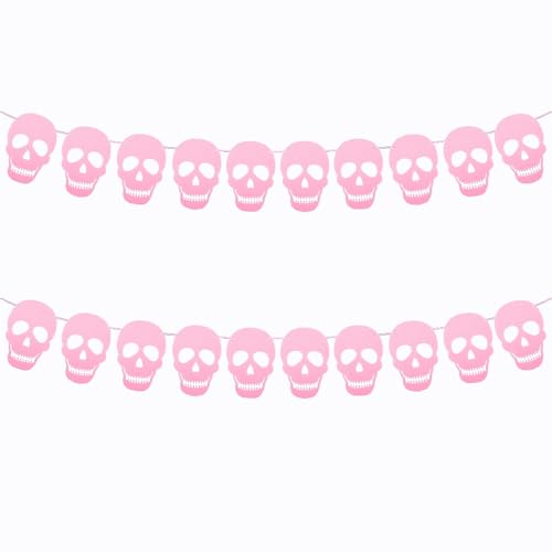 Pink Skull Garland Banner Felt Halloween Decoration - Reusable Party Decor