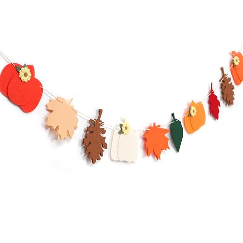 Felt Pumpkin and Leaves Garland - Fall Harvest Banner for Thanksgiving & Halloween Decor