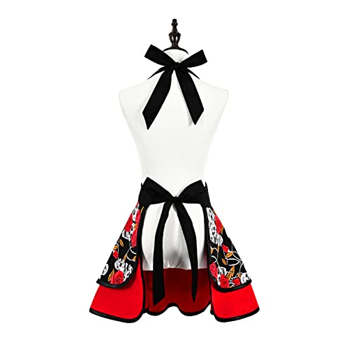 Vintage Halloween Apron for Women - Red Flower Retro Kitchen Dress with Ruffle & Skeleton Design