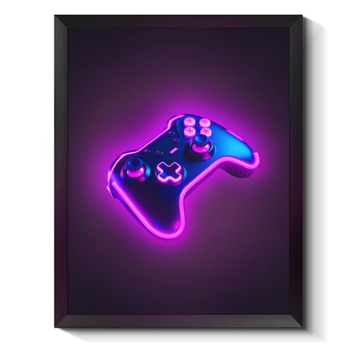Neon Game Controller Wall Art with LED Glow - Purple/Blue Cyberpunk Decor for Gaming Rooms & Bedrooms - 20L x 16W - Black Frame Variation