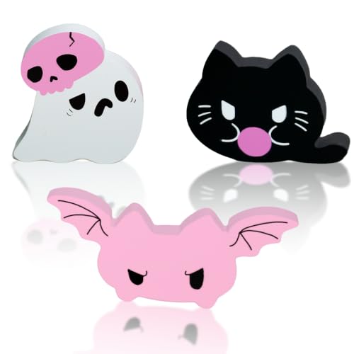 Pink Halloween Decor Set - 3pcs Cute Ghost Bat Cat Centerpieces, Multicolor