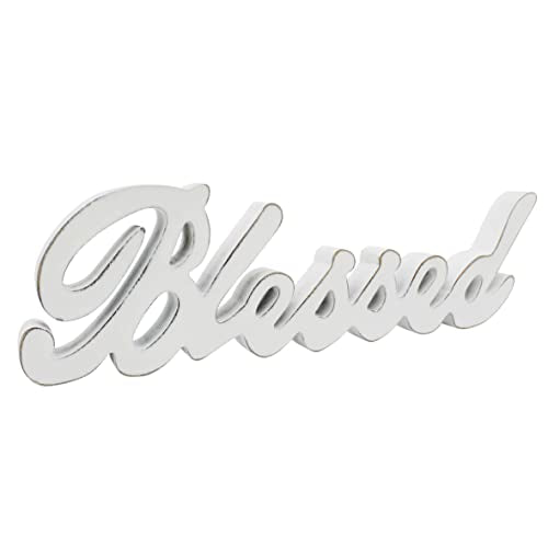 Blessed Sign Free Standing Wooden Decor - Distressed White 15x4-1/4 Inch