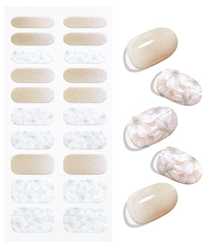 Gel Nail Wraps - Glitter Semi Cured Strips with White Flower Design - Cream White Variation