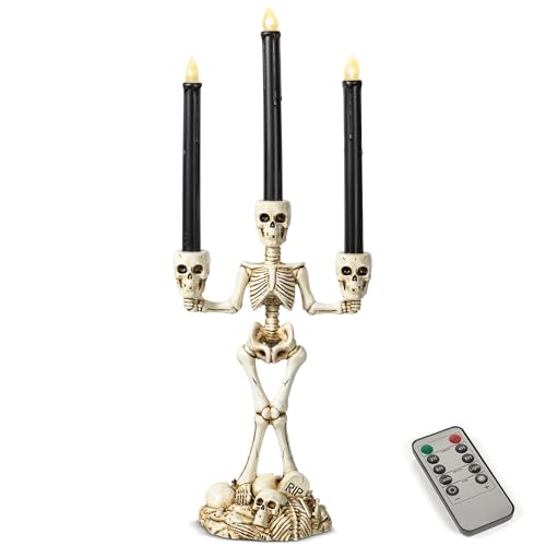 White Skeleton Candelabra with Black LED Candles Set - Gothic Halloween Decor