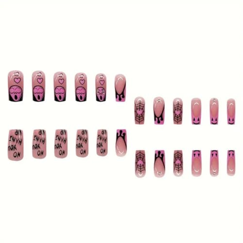 Halloween Press On Nails Spider Web Ghost Fake Nails Long Square Pink French Tip Style-1