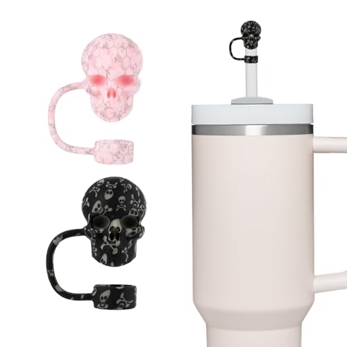 Halloween Skull Straw Toppers for Stanley Cup - Black & Pink, Heifen