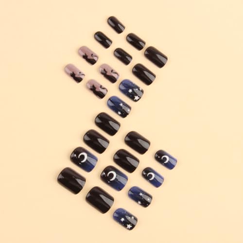 Halloween Press On Nails Short Square Black with Cat Crescent Moon & Stars - Variation 19