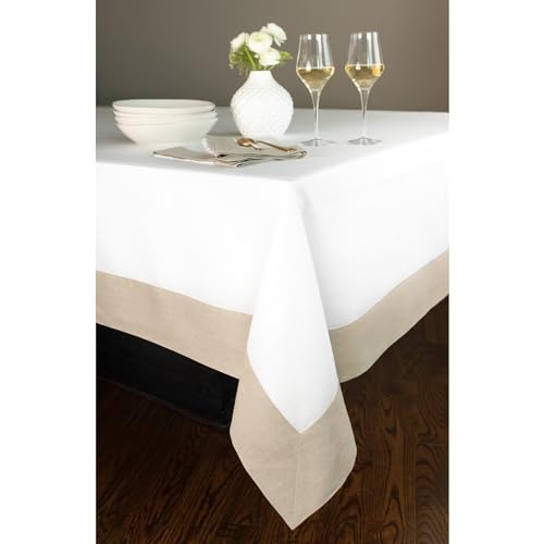 Linen Tablecloth 60x90 Inches - Natural & White Border, Handcrafted Pure Linen