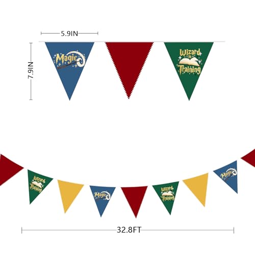 Magical Wizard Party Banner Set - Red Green Blue Yellow Fabric Pennants with Wizard Elements - Variation of Magic