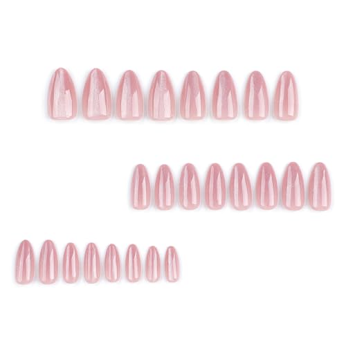 Nude Pink Almond Press On Nails - Glitter Design, Full Cover, 24 Pcs