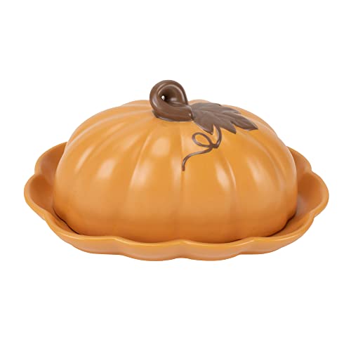 Pumpkin Shaped Ceramic Butter Dish with Lid - Fall & Thanksgiving Decor - Orange - 8x6 Inches