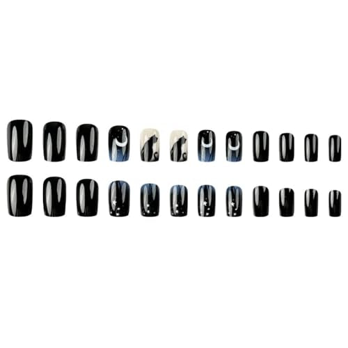 Halloween Short Square False Nails with Blue Black Star Moon Cat Design - Style15