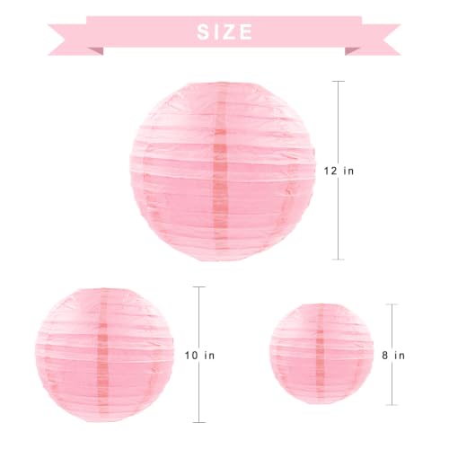 Pink Round Paper Lanterns Set of 6 - Decorative Hanging Party Lights for Wedding Baby Shower Halloween Birthday