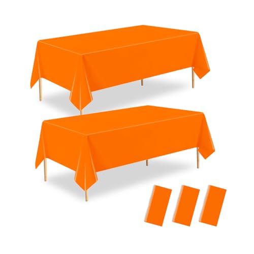 Orange Plastic Tablecloth 3 Pack - 54 x 108 Inch Disposable Rectangle Cover B01