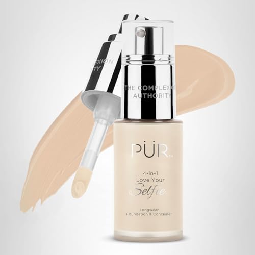 PÜR MINERALS 4-in-1 Love Your Selfie Foundation & Concealer - Longwear Full Coverage Liquid Makeup Foundation with Hydrating Blend for Refined-Looking, Natural Beauty Glow, Skin Texture & Tone