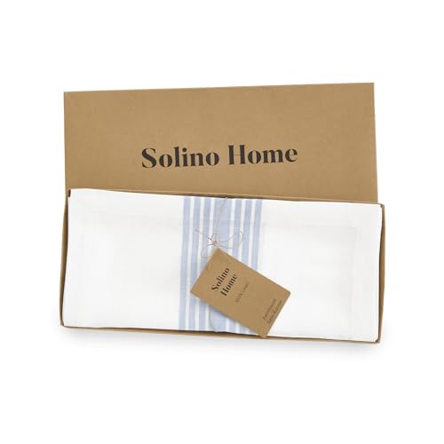Pure Linen Table Runner Dusty Blue & White Stripe 14x36 Inches - Farmhouse Decor