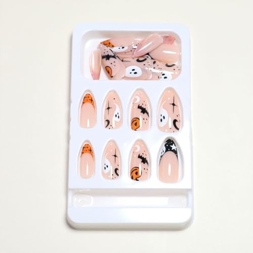 Halloween Press On Nails Medium Almond Fake Nails with Bat Pumpkin Ghost Design - Variation: Almond-10