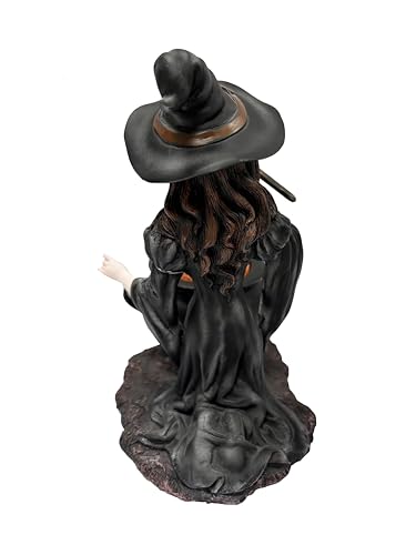 Halloween Witch Figurine with Red Fire Cauldron Fantasy Decor