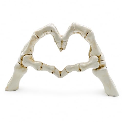 White Skeleton Heart Hand Sculpture - Gothic Resin Halloween Decor - 9.1 Inch - Variation of Skeleton Gesture