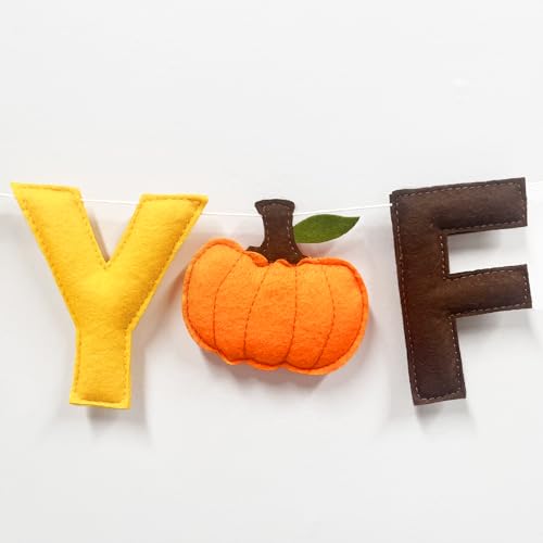 Happy Fall Felt Pumpkin Garland Banner - Autumn Thanksgiving Wall Decor with Wool Felt Balls - Variation: Happy Fall