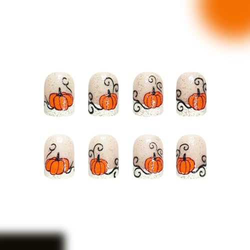 Maple Leaf Pumpkin Glitter French Tip Press On Nails - Autumn Theme, 24Pcs