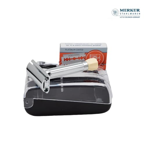 MERKUR 570 Shaving Set with 500C Adjustable Safety Razor, Short Handle, 10 Super Platinum Double Edge Blades & Protective Case, Precision Germany Design