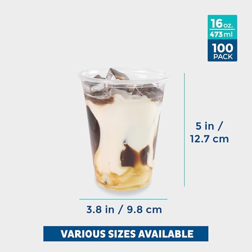 Disposable Plastic Cups 16 Oz Clear Tumblers - Heavy Duty Party Pack, 100 Count
