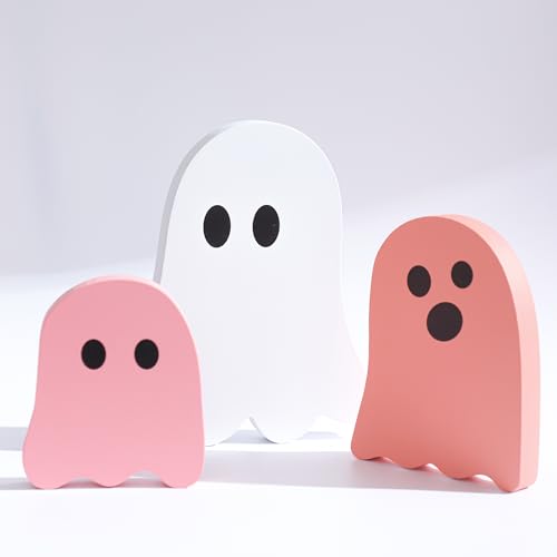 Pink and White Wooden Ghost Decorations - Halloween Table Centerpieces Set of 3