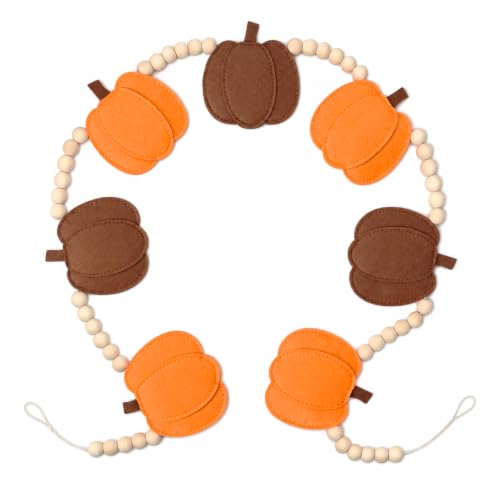 Fall Felt Pumpkin Bead Garland with Wooden Beads for Home Decor - Rustic Autumn Decoration