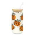 Fall Pumpkin Iced Coffee Glass Cup with Lid & Straw - 18oz Orange