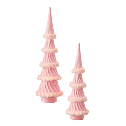 Pastel Pink Christmas Tree Figurines Set of 2 - Whimsical Holiday Decor, 17 & 15 Inches with Fur Trim
