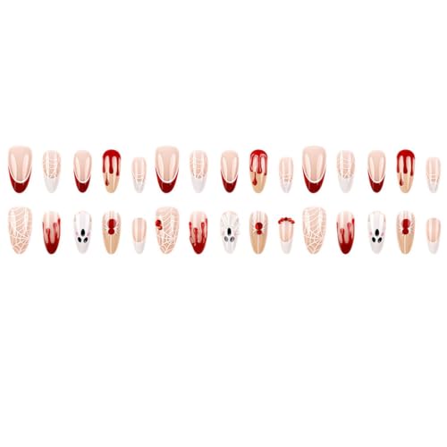 Halloween Press On Nails Almond Medium Set with 3D Ghost Spider Web Rhinestones - Variation 22