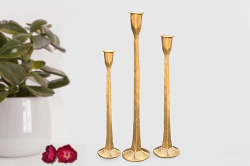 Set of 3 Wrought Iron Taper Candle Holders - Gold Rustic Decor for Wedding & Home