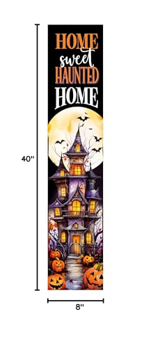 Haunted Home Porch Sign - Rustic Outdoor Wooden Decoration - Weatherproof Entryway Decor - 8x40 Inches - Variation of Haunted Home