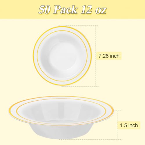 Disposable Soup Bowls with Gold Rim - 200 Pack, Heavy Duty, 12oz